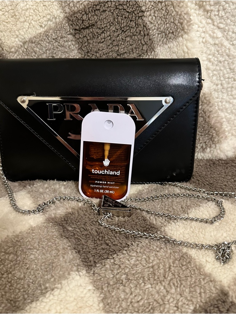 PRADA Black Leather Crossbody Bag with Silver Chain